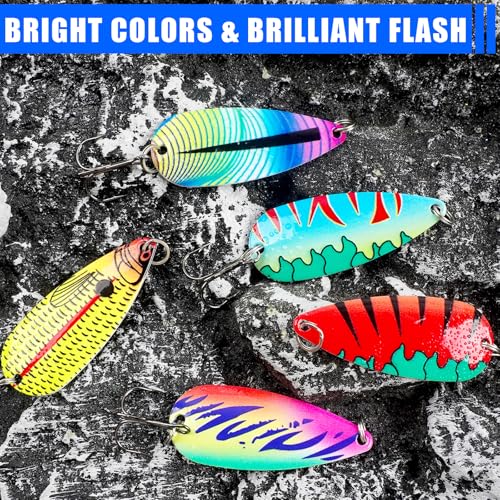 Fishing Spoons Lures 5pcs Saltwater Fishing Lures Trout Spoons, Metal Jig Trolling Jigging Lure Spinner Baits with Treble Hooks for Bass Trout Walleye Salmon - size: 1/4oz-5pcs