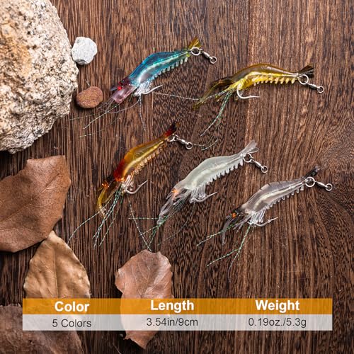 Goture Shrimp Lures,Soft Shrimp Fishing Lures for Freshwater Saltwater,Luminous Shrimp Bait Set with Sharp Hook and Swivel for Trout Bass Salmon Crappie,5 Color Saltwater Fishing Lures