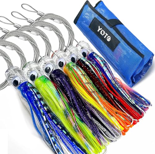 YOTO Trolling Lure Saltwater,6.5/9 inch 6 pcs Squid Skirted Deep Sea Fishing Lure kit,Tuna,Marlin,Wahoo,Shark,Mahi Trolling Fishing Lures - color: 9in - 6pcs