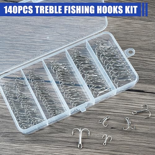 Fishing Treble Hooks Assortment, Sharp Brabed Triple Fishing Hooks Set High Carbon Steel Round Bend for Trout Catfish Lures Freshwater Saltwater, Assorted Size 4 6 8 10 12 - style: 140pcs Silver Treble Hooks Set