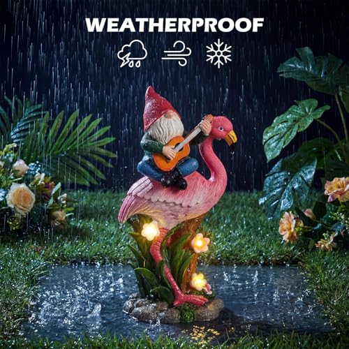 EXYGLO Solar Gnome Garden Statue Decor, 10" Gnome Riding Flamingo Outdoor Funny Decoration for Lawn, Patio, Yard, and Unique Housewarming, Birthday Ornament Gift for Mother, Friend, Family - style: Flamingo & Gnome