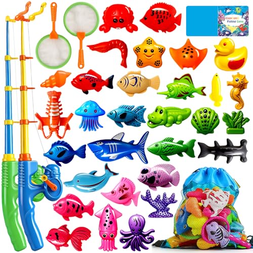 CozyBomB™ Magnetic Fishing Toys Game Set for Kids | Water Table Bathtub Kiddie Pool Party Pole Rod Net, Outdoor Plastic Floating Fish, Toddler Bath Color Ocean Sea Animals Birthday Gift Age 3-5 6 4-8 - size: 30 Fishes
