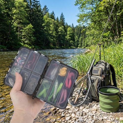 8 Pack Small Tackle Box, Plastic Fishing Organizer with 12 Compartments & Lanyard, Large Tackle Storage Containers for Hooks Lures Baits