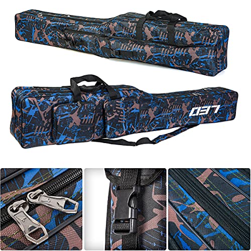 LEOFISHING Fishing Tackle Storage Bag 130cm/4.27ft Portable Fishing Rod Reel Organizer Fishing Pole Gear Tool Cases Carrier Two Layer Durable Oxford Large Capacity Travel Fishing Cover Bag 5 Color (Blue Camouflage) - color: Blue Camouflage