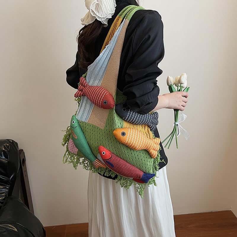 Bohemian style travel handbag for women large-capacity woven bag vacation beach seaside tote bag crochet purse - color: Green
