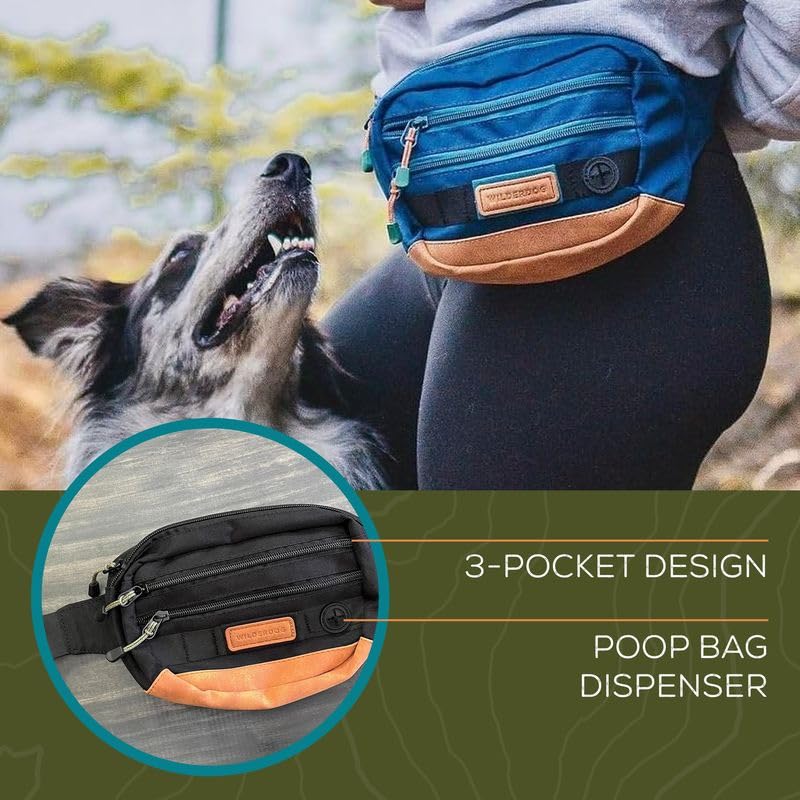 Wilderdog Utility Fanny Pack stores Treats, Balls, Keys in 3 Pockets with adjustable strap and Poop Bag dispenser (Huckleberry) - color: Huckleberry