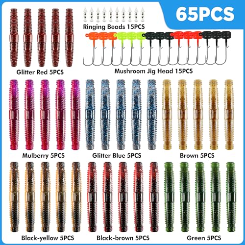 PLUSINNO Wacky Worm Fishing Lure Kit, Soft Plastic Fishing Lures, Grub Baits Hook Wacky Rig Bass Trout Fishing Worms Lures w/Tackle Box - color: 65PCS Stick Worms Ned Rig Kit