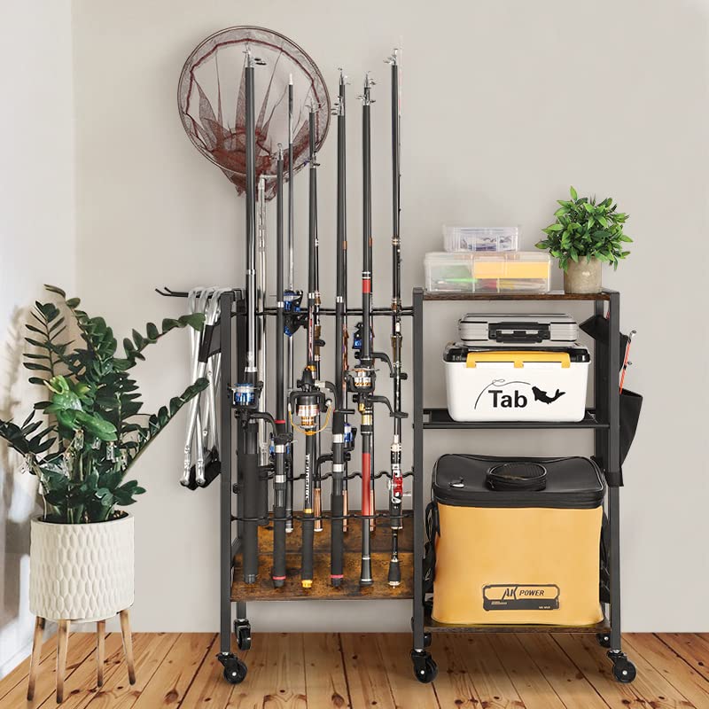 Olakee Fishing Rod Holders, Rolling Fishing Rod Rack for Garage & Boat, Tackle Box & Reel Holder Cart, Easy Assembly Fishing Gear Management System, Ideal Birthday Gift for Men Dad Anglers - color: 12 Rods,Carbonized Black