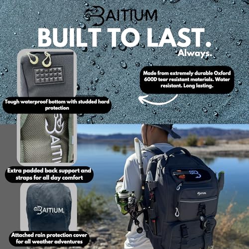 Baitium Fishing Backpack, Tackle Bag With Rod Holders, 40L Capacity With Cooler, Rain Cover, Insulated Pocket, 4 Tackle Trays Included- (Green) - color: Green