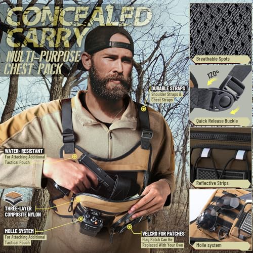 RXW Chest Bag for Men Women, Tactical Chest Rig Holster, EDC Chest Pack | Lightweight No Bounce Chest Holster for CCW EDC Tactical Use Secure Fit for Running Hiking Motorcycle Outdoor - color: Khaki