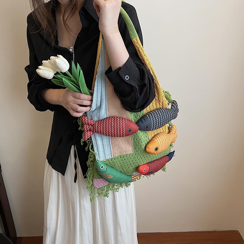 Bohemian style travel handbag for women large-capacity woven bag vacation beach seaside tote bag crochet purse - color: Green