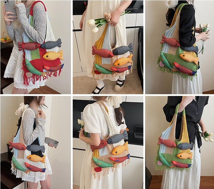 Knitted Beach Shoulder Bag for Women 3D Fish Bohemian Tote Versatile Purse Soft Hobo Handbag for Summer Vacation 2026 - color: A Green