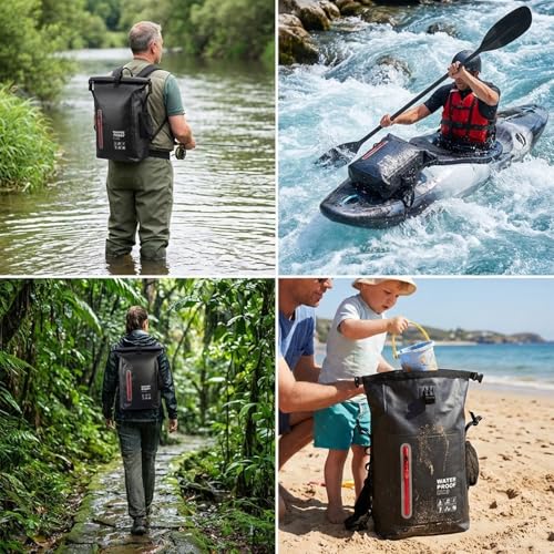 Dry Bag Waterproof 25L-Floating & Lightweight Bags for Women Waterproof Backpack for Kayaking, Boating, Fishing, Paddle Boarding, Camping, Hiking, Roll-Top Seal & Adjustable Shoulder Straps - color: Black