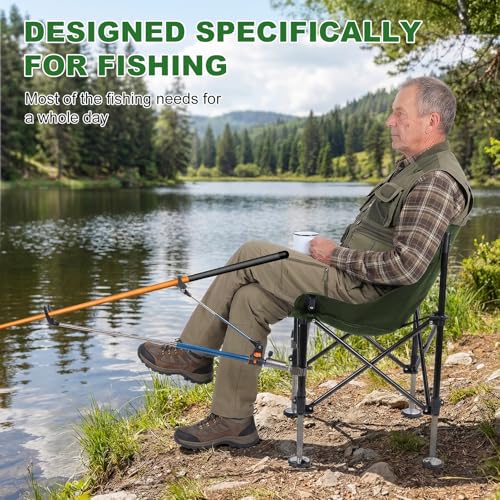 Folding Fishing Chair with Complete Accessories, Portable Camping Chair for Outdoor Fishing, 220LBS Load-Bearing, Non-Slip All-Terrain Design with Storage Bags, Carbon Steel Fishing Chair - color: Green