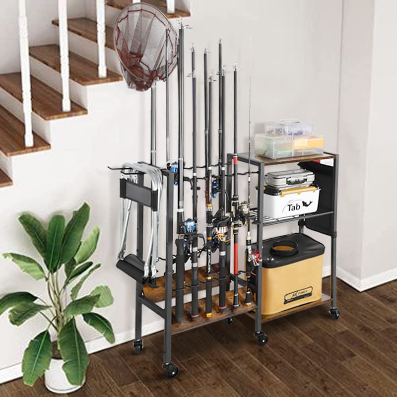 Olakee Fishing Rod Holders, Rolling Fishing Rod Rack for Garage & Boat, Tackle Box & Reel Holder Cart, Easy Assembly Fishing Gear Management System, Ideal Birthday Gift for Men Dad Anglers - color: 12 Rods,Carbonized Black