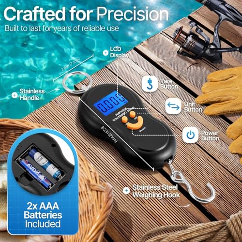 Flexzion Digital Hanging Scale – 110lb/50kg Portable Luggage Scale, and Fish Scale with Electronic Backlight LCD, Stainless Steel Hook