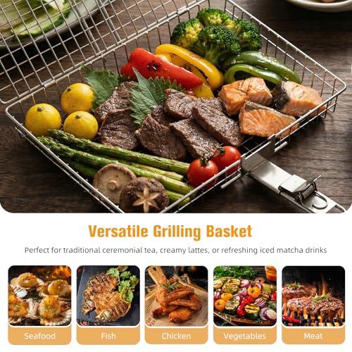 Grill Basket for Outdoor with Removable Handle,Stainless Steel BBQ Camping Cooking Accessories Tools for Meat Steak Fish Vegetable Shrimp, Gifts for Men Dad Husband