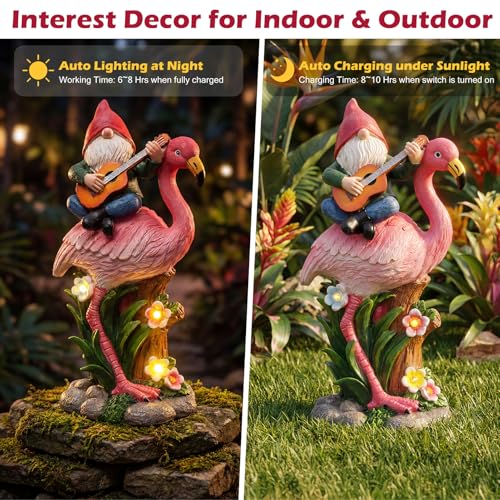 EXYGLO Solar Gnome Garden Statue Decor, 10" Gnome Riding Flamingo Outdoor Funny Decoration for Lawn, Patio, Yard, and Unique Housewarming, Birthday Ornament Gift for Mother, Friend, Family - style: Flamingo & Gnome