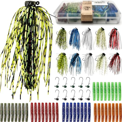 Ned Rig Jig Heads Soft Plastic Worms Fishing Lures Kit, 60/50/10 Pcs Weedless Skirted Mushroom Ned Rigs Jighead Hooks Stick Baits Bass Fishing Lures for Freshwater Saltwater - color: 60 Pcs Ned Lures