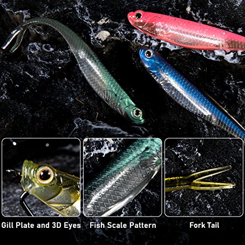 Dr.Fish Soft Plastic Baits, Fork Tail Soft Jerkbait Minnow Lures, 3 to 4-3/4 Inches Soft Swimbaits Jerk Shad Baits Crappie Bass Fishing Lures - color: Blue, size: 4.75"-5 Pack