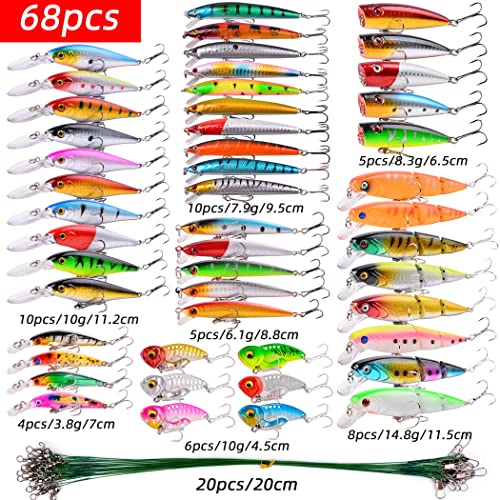 Aorace Fishing Lures Kit Mixed Including Minnow Popper Crank Baits with Hooks for Saltwater Freshwater Trout Bass Salmon Fishing - color: Item-G 68pcs
