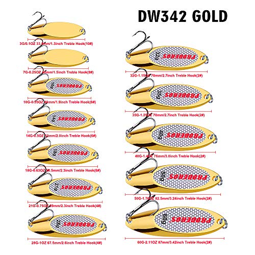 PROBEROS Fishing Spoons Lures Bass Baits Jigging Bait Tackle with Treble Hooks Hard Metal Spoon Fishing Lure Weight Pick 10 Pcs/Pack Silver Gold - color: 10PCS Gold, size: 18G-0.63OZ