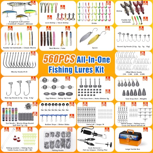 560PCS Fishing Lures Kit with Large 4-Layer Tackle Box, Complete Freshwater Bass Fishing Gear Set with Pliers, Hooks, Crankbait, Sinkers, Jigs, Weights & More Accessories, Gifts for Men