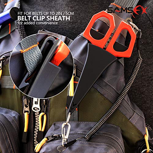 SAMSFX 6.5" Pro Fishing Shears Dual Serrated Blades, Fishing Braided Line Scissors with Titanium Coating, Non-Slip Grip & Multifunction Tool, Includes Hard Molded Locking Sheath & Coiled Lanyard - color: A: Orange Kraton Handle, Hard Sheath