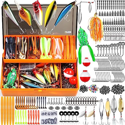 PLUSINNO 353/404 PCS Fishing Lures, Upgrade Fishing Tackle Box with Tackle Included, Crankbaits, Hooks, Weights, Other Accessories, Fishing Lure Bait Gear Equipment Kit Gift for Men Freshwater Bass - color: 404 Pcs Fishing Tackle Kit