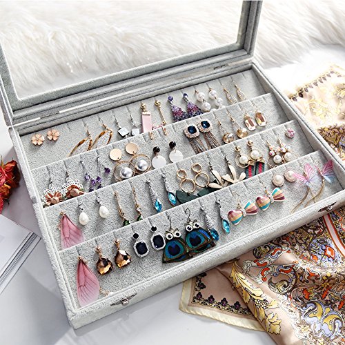 Wudygirl Velvet Jewelry Organizer Clear Lid Earring Holder Organizer 32 Pairs Earrings Storage Stud Tray Showcase Display Case（Earring Storage） - color: Gray, size: Earring