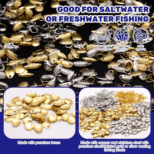 700Pcs 8 Styles Fishing Spinner Blades Assorted Set with U-Shaped Brass Links, Silver and Gold Deep Cup Spinnerbait Blade and Clevis for Freshwater Saltwater Lures Worm Spoons Rigs Making