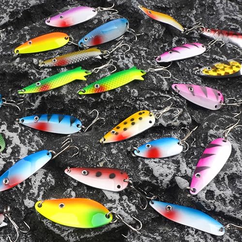 Fishing Spoons Lures Kit, 30pcs Metal Spoon Fishing Lures Assortment Spinner Baits Trout Lures Casting Trolling Spoons with Treble Hooks for Bass Pike Walleye Saltwater Freshwater