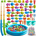 NIPLOOOW Pool Fishing Toys Games, Water Table Bathtub Toy with Inflatable Pool Pole Rod Net Plastic Floating Fish, Birthday Gifts for Kids Age 3 4 5 6 Year Old,Kids Outdoor Toys - style: 60PCS + Large Fishing Pool