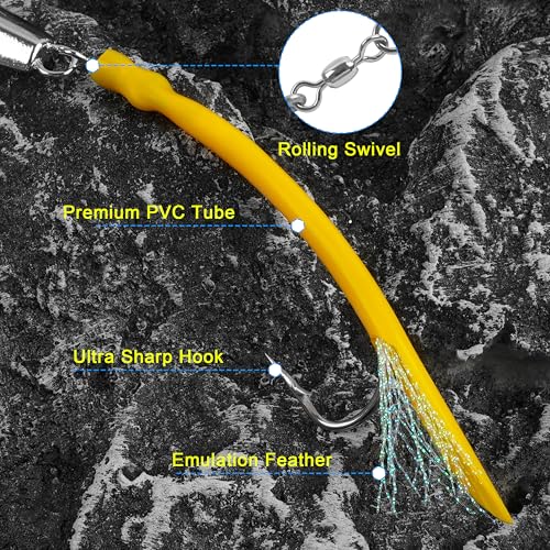 Diamond Jig Saltwater Fishing Lures Casting Jigging Spoon with Tube Tail Stainless Steel Hooks Trolling Lures Striped Bass Metal Jig for Deep Sea Surf Fishing Bottom Dragging Sinking - color: Yellow, size: 1 oz
