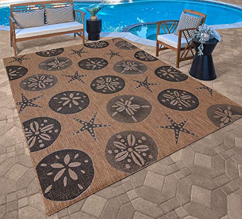 Gertmenian Indoor/Outdoor Flatweave Area Rug - 6x9 Medium, Stain & UV Resistant, Ideal for Deck, Patio, Poolside, Mudroom - Sand Dollar Starfish, Nut Brown Black, 22219 - color: Sand Dollar Starfish Nut Brown Black, size: 6'6" x 9'6" (Rectangular)