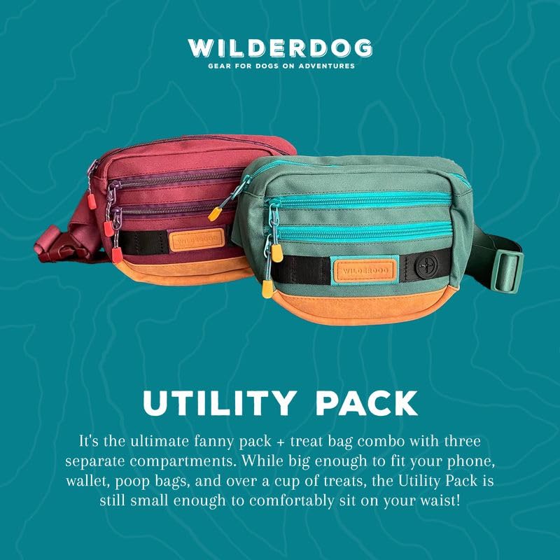 Wilderdog Utility Fanny Pack stores Treats, Balls, Keys in 3 Pockets with adjustable strap and Poop Bag dispenser (Huckleberry) - color: Huckleberry