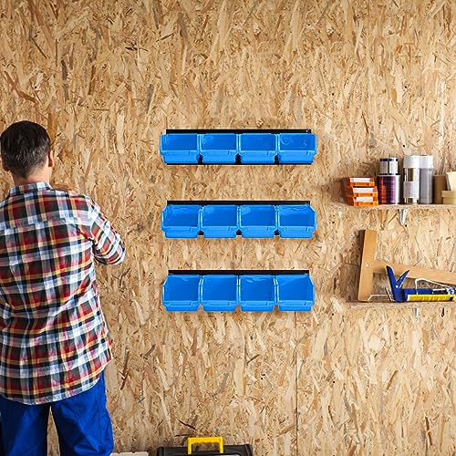 Ultrawall Wall Mounted Storage Bins, Plastic Hanging Storage Organizer Bins, Garage Tool Storage System for Screws, Nuts, Bolts, Nails, and Small Hardware Parts, 12x bins & 3 x rails, Blue - color: Blue