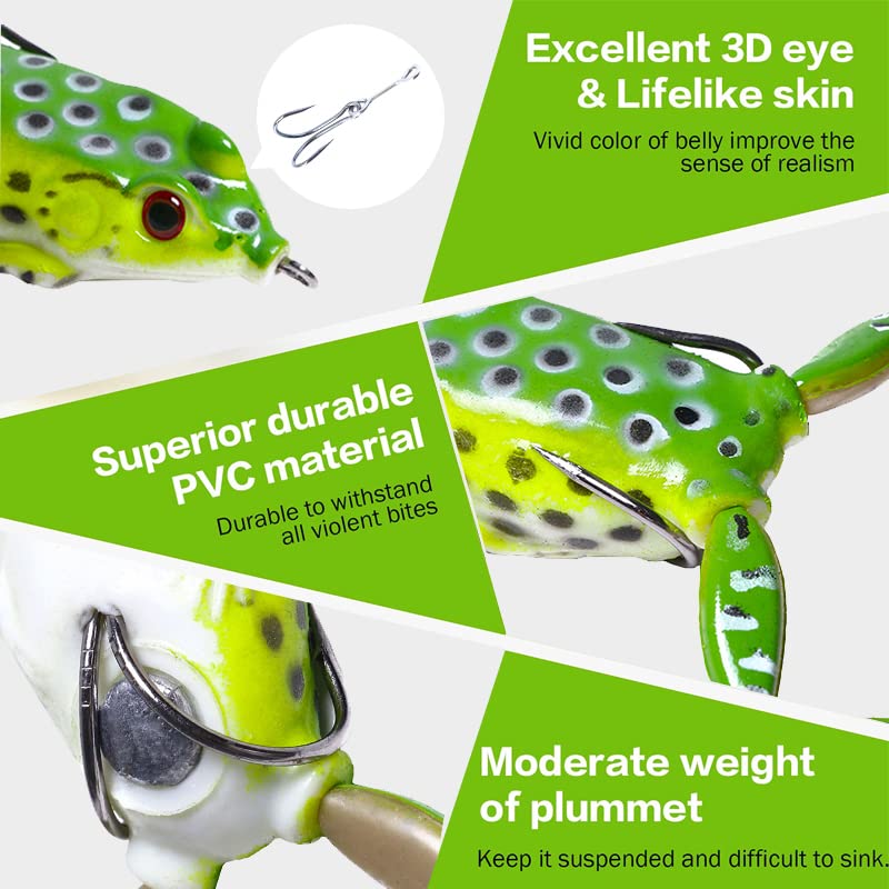 Frog Fishing Lures for Bass ，Weedless Fishing Lures，Top Water Frog Lures for Bass Fishing，Perfect Lifelike Surface Bass Lure, for Saltwater/Freshwater Bass Trout