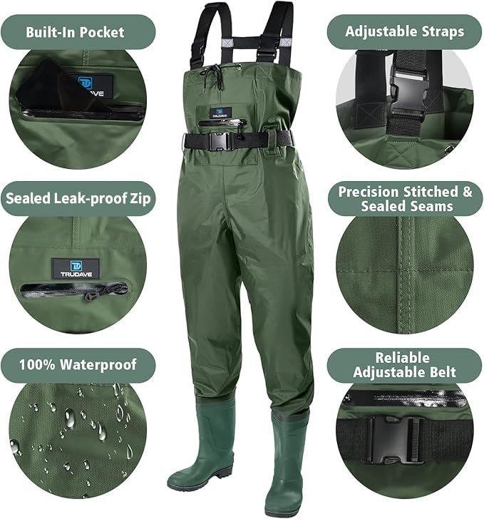 Trudave Chest Waders for Men with Boots, 2-Ply Nylon/PVC Waterproof Fishing & Hunting Waders for Men and Women - color: Green, size: M7/W9