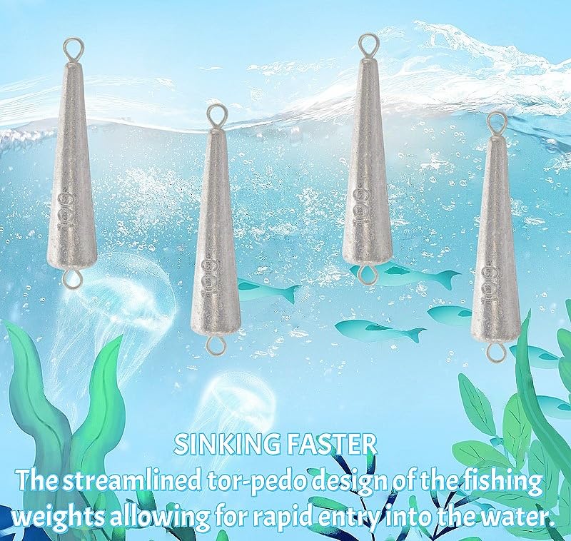 10PCS Fishing Weights Torpedo Sinkers Inline Trolling Sinkers Weights Kit Fishing Sinkers Catfishing Sinkers Saltwater Fishing Torpedo Weights Double Ring Sinkers-1oz(30g) - size: 3.53oz(100g)-4Pcs