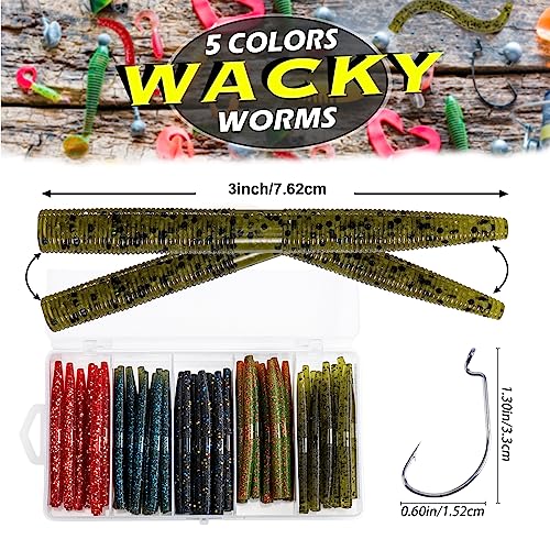 Goture Wacky Worm Fishing Lure Kit with Soft Plastics, Wacky Rig Tools, O-Rings, Worm & Drop Shot Hooks, Beads, Weights & Tackle Box - color: C-50pcs 3" Wacky Worms &10pcs Hooks with Box