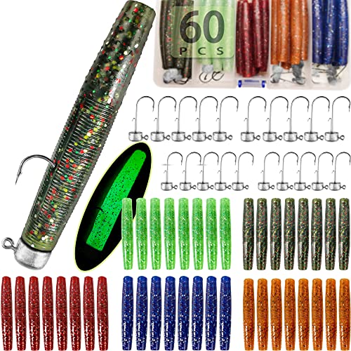60/25 Pcs Ned Rig Jig Heads Soft Plastic Worms Stick Baits Kit, Mushroom Ned Rigs Jighead Hooks Worm Fishing Lures for Bass Freshwater Saltwater Fishing - color: 60 Pcs Ned Rig Lures
