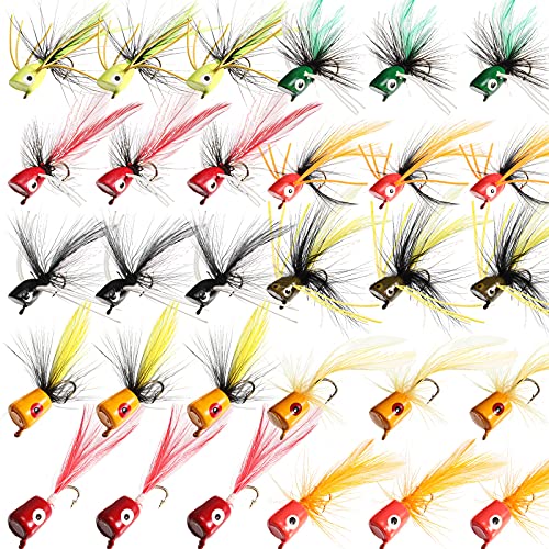 30 Pcs Fly Fishing Poppers Flies Kit, Topwater Bass Popper Lures with Hooks Colorful Freshwater Fly Popper Assortment for Bluegill Panfish Perch Crappie(Size 8,Chic Colors) - color: Chic Colors