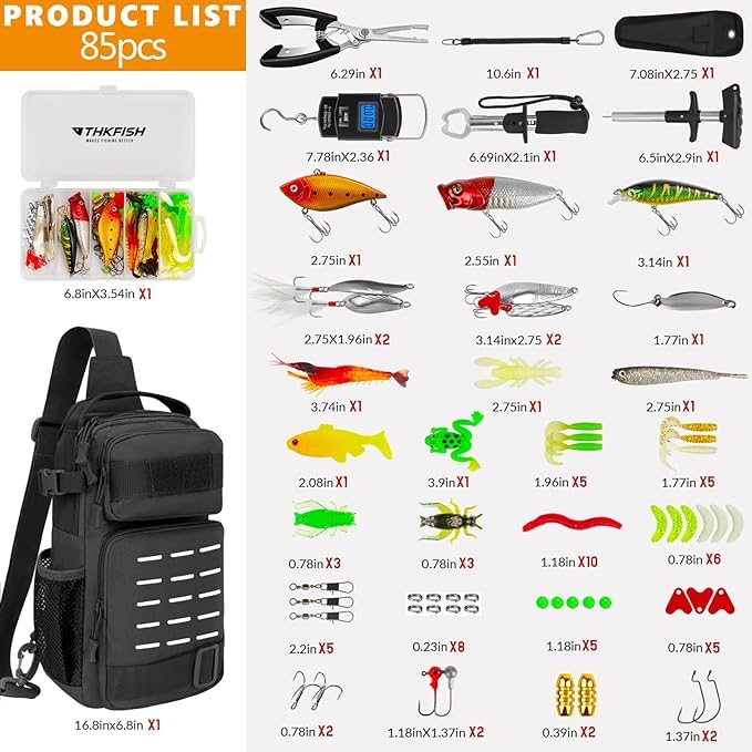THKFISH 85Pcs Fishing Tool Kit, Fishing Backpack with Tackle Boxes Included, Fishing Tackle Kit Include Fishing Bait Lure Gear Kit, Fishing Pliers, Fish Hook Remover, Lip Gripper - color: Black camouflage