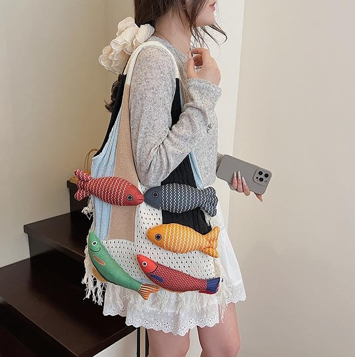 Knitted Beach Shoulder Bag for Women 3D Fish Bohemian Tote Versatile Purse Soft Hobo Handbag for Summer Vacation 2026 - color: A White
