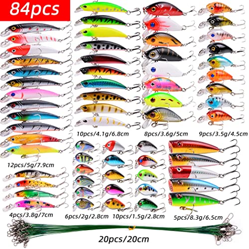 Aorace Fishing Lures Kit Mixed Including Minnow Popper Crank Baits with Hooks for Saltwater Freshwater Trout Bass Salmon Fishing - color: Item-F 84pcs