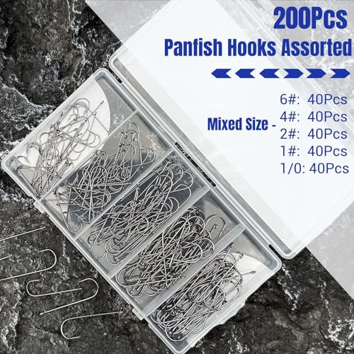 200Pcs Panfish Fishing Hooks Freshwater, Light Wire Crappie Hooks Straight Shank Aberdeen Hook for Bluegill Small Bass 5 Sizes Assorted 6# 4# 2# 1# 1/0