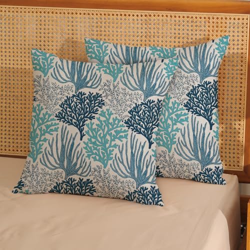 Coastal Pillow Covers 16x16 Inch 2 Pcs Blue Teal Turquoise Coral Summer Outdoor Decor Throw Pillows Nautical Sea Ocean Themed Holiday Decoration Pillowcase Linen Cushion Cover for Couch Sofa - color: Blue Teal Coral, size: 16" x 16" (Pack of 2)