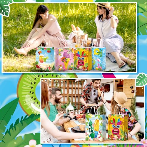 Kosiz 24 Pcs Hawaiian Party Favor Bags Summer Beach Luau Gift Goodie Paper Bags with Handle Aloha Tropical Treat Handbags Tiki Candy Pouch for Hawaii Luau Birthday Party Decoration Supplies - style: Summer