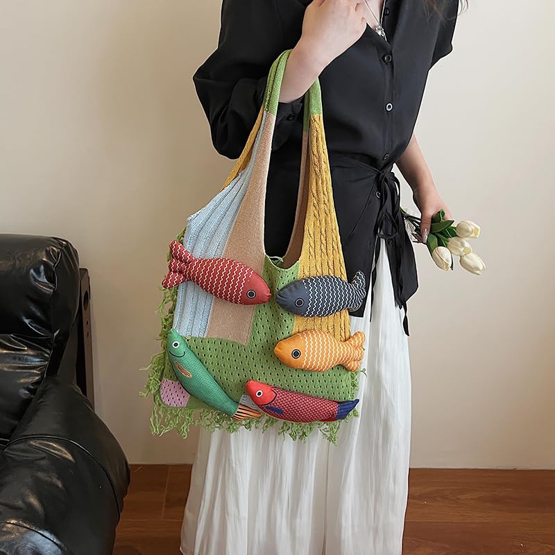 Bohemian style travel handbag for women large-capacity woven bag vacation beach seaside tote bag crochet purse - color: Green